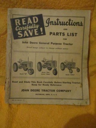 Instruction Parts List 1943 John Deere General Purpose Tractor Model H - Hn - Hnh - Hw