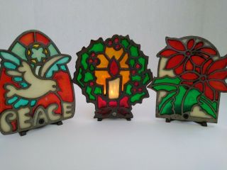 Vintage Cast Iron Stained Glass Christmas Candle Holder Set Of 3.