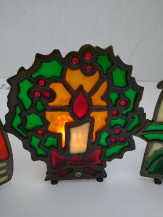 Vintage Cast Iron Stained Glass Christmas Candle Holder Set Of 3. 3