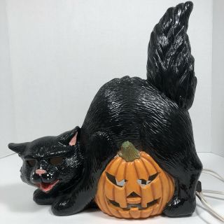 Vintage Halloween Ceramic Mold Lighted Black Cat & Pumpkin 1970s - 1980 