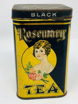 Vintage Rosemary Black Tea Tin Hinged Lid Young Lady Roses Display