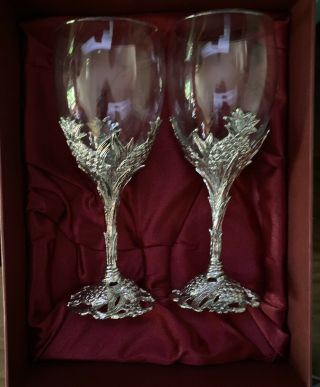 Arthur Court Silver Tone And Glass Goblets/wine Glasses (2) Pineapple Design Nib