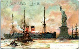 Postcard Cunard Line Steam Ship In Upper York Bay Statue Of Liberty Pre - 1908