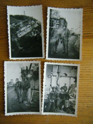 4 Snap Shots Of Americans In The Field - Destroyed German Vehicle,  Prisoner Etc