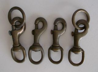4 Vintage 3 1/2 " Brass Swivel Snap Shackle Hooks 2 Rings Clips Sailboat Nautical