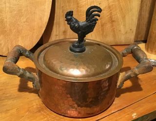 Vintage Hand Hammered Copper Pot W/ Rooster Finial & Cast Handles 5 "