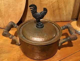Vintage Hand Hammered Copper Pot w/ Rooster Finial & Cast Handles 5 
