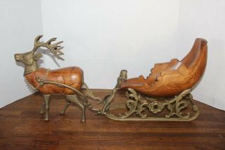 Exquisite Vintage Wooden And Solid Brass Christmas Sleigh Decoration