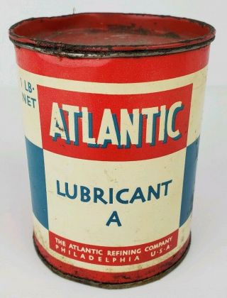 Vintage Atlantic Refining Company Lubricant " A " Metal 1 Lb Grease Can W/ Lid
