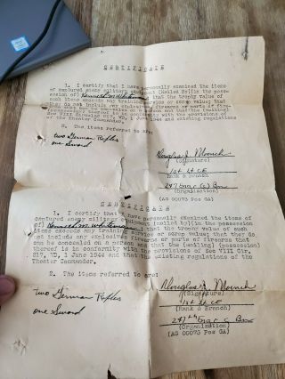 Wwii Ww2 Certificate Of Captured Enemy Military Equipment