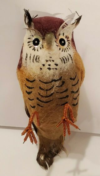 Vtg Halloween Spun Cotton Feather Sequin Eyes Owl Ornament Christmas Tree Wire