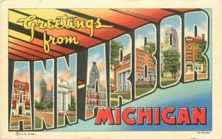 Ann Arbor Michigan Large Letters Multi View 1940s Postcard Sofflet News 20 - 7319