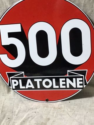 Vintage Platolene 500 Racing Fuel Gas & Oil Metal Porcelain Pump Plate Sign
