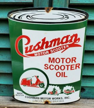 Cushman Motor Scooter Oil Porcelain Sign Motor Oil Motorcycle Can