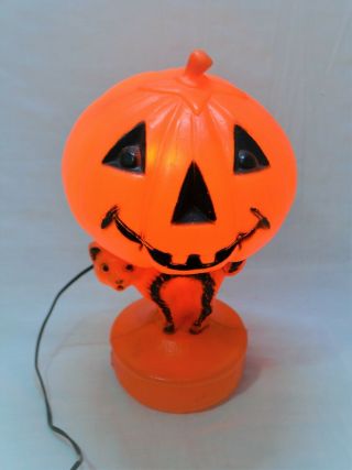 Vintage Halloween Blow Mold Light Up Jack O Lantern Pumpkin Black Cat Table Top