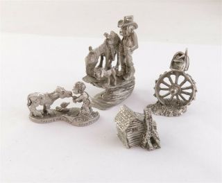 Boyd Perry Miniature Pewter Figures: Boy Cow,  Man Horse,  Mailbox & Log Home