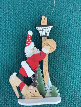 Vintage Emgee Wood Christmas Ornament Santa Playing Basketball With Reindeer