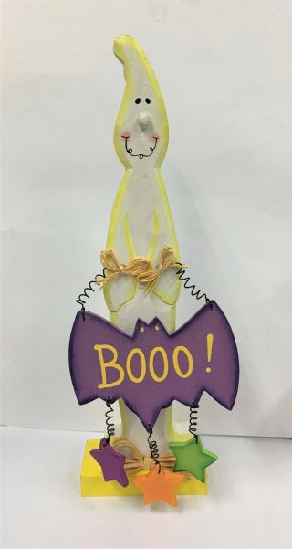 Vintage White Monster Ghost Bat Star Haunt Wooden Doll Halloween Carved Painted