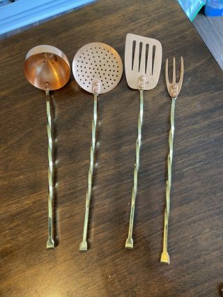 Vintage Copper Utensil Set Lg Douro Kitchen Strainer Ladle Fork Spatula Polished