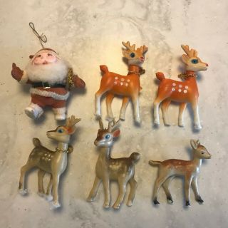 Vtg 5 Soft Plastic Bambi Deer Christmas Reindeer Tan And 1 Santa Hong Kong China