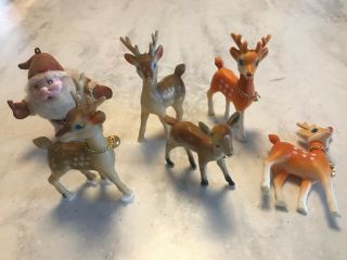 Vtg 5 Soft Plastic Bambi Deer Christmas Reindeer Tan and 1 Santa Hong Kong China 2