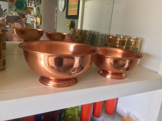 Vintage Solid Copper Set 2 Sizes Footed Round Mixing Bowl 7 - 3/4” & 9”