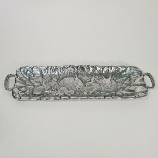 Vintage Bunny/rabbits Pewter Serving Tray W/ Handles 20 " X 5.  5 " Rectangle Mexico