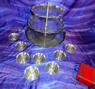 Vintage Hammered Scalloped Edge Ornate Aluminum 3 Tier Serving Tray 8 Coasters