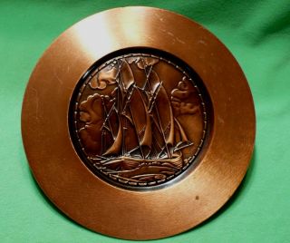 Vintage Albert Gilles Signed Dense Copper Wall Plaque Of A Sailing Ship.  12 " Dia