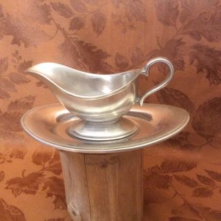 Vintage Wilton Pewter Gravy Boat With Plate Plough Tavern