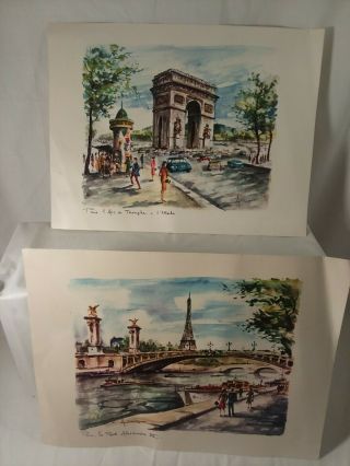 2 Vintage Watercolor Print Paris Arno Mcm 1960s Framed Arc De Triuphe 13 " X 10 "
