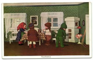 Kathe Kruse Dolls Girls And Boy At The Table Postcard 1934