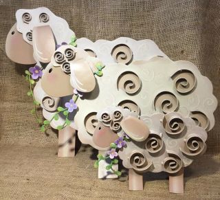 Trio Cute Easter Spring Decor Metal Sheep Family Set Hand Painted