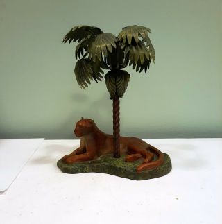 Vintage Cast Metal Jaguar Under Palm Tree Candle Holder Candlestick 7.  5 " Tall