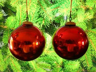 Two Large 4 " Kugel Style Red Globe Heavy Mercury Glass Christmas Ornaments B