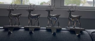 Crate And Barrel Set Of Four Silvertone Metal Reindeer Christmas Stocking Hooks
