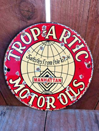 Vintage Trop - Artic Motor Oils 6 " Porcelain Metal Enamel Sign Gas Oil Pump Statio