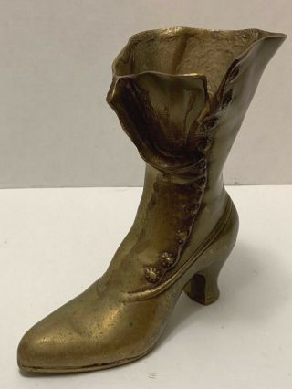 Vintage Brass Victorian Ladies Boot Vase High Button Shoe Door Stop Planter