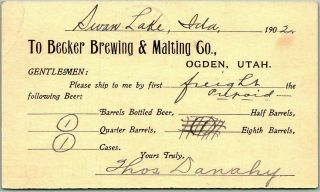 1902 Ogden,  Utah Business Postcard Becker Brewing & Malting Co.  Brewery Beer
