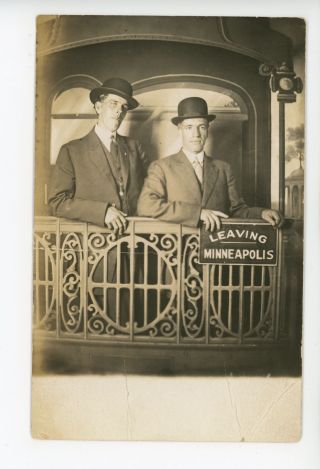 “leaving Minneapolis” Antique Studio Rppc Two Men On A “caboose” Ca.  1910s