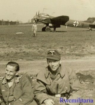 Best Luftwaffe Airmen In Flying Kit Resting On Airfield By Ju - 88 Bomber