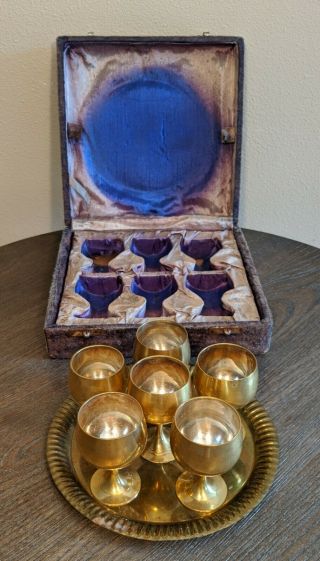 Vintage Brass Cordial Set With Tray 6 Small Cups And Purple Velvet Box