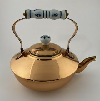 Vintage Copper Teapot Kettle With Lid Blue White Ceramic Handle Knob Tea Pot