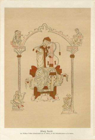 1895 Medieval Manuscript Facsimile King David Playing The Harp Lithograph Print