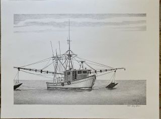 Shrimp Boat Seascape Charcoal Print 19 " X13 " Numbered And Signed But Unframed