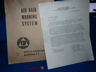 Wwii Sterling Civil Defense Award Pin,  Air Raid Booklet & Letter From General