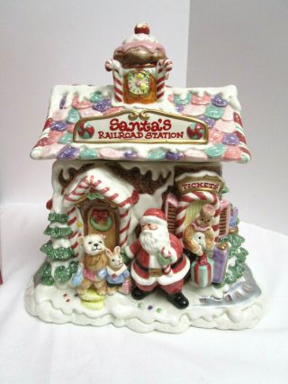 Fitz & Floyd Cookie Jar Santa ' s Railroad Station Gingerbread House Candy Lane 3D 2