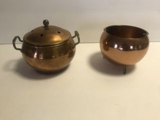 Set Of 2 Vintage Copper Incense Burner Bowl Pot Potpourri With Lid And Handles