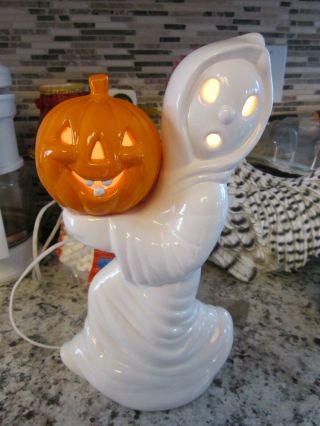 Vintage Ceramic Ghost With Pumpkin Halloween Decor Lighted Lamp