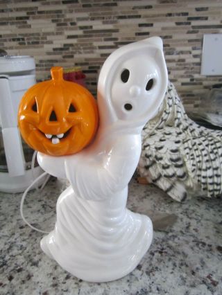 Vintage Ceramic Ghost With Pumpkin Halloween Decor Lighted Lamp 3
